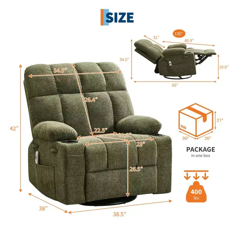 Fauteuil inclinable à bascule avec chauffage, fauteuil inclinable à bascule pivotant avec massage, poches latérales et porte-gobelets, canapé inclinable pour salon, chambre à coucher