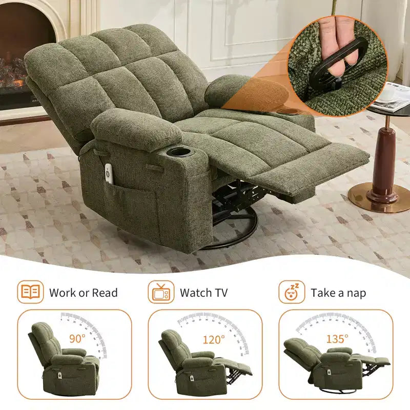 Fauteuil inclinable à bascule avec chauffage, fauteuil inclinable à bascule pivotant avec massage, poches latérales et porte-gobelets, canapé inclinable pour salon, chambre à coucher