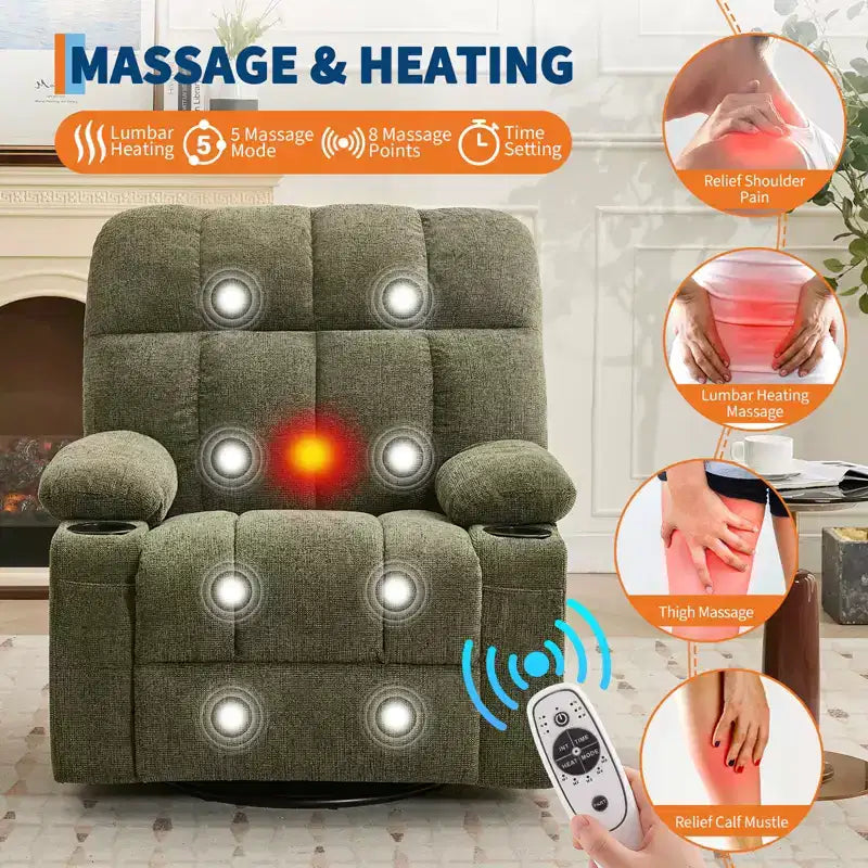 Fauteuil inclinable à bascule avec chauffage, fauteuil inclinable à bascule pivotant avec massage, poches latérales et porte-gobelets, canapé inclinable pour salon, chambre à coucher