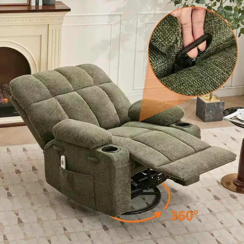 Fauteuil inclinable à bascule avec chauffage, fauteuil inclinable à bascule pivotant avec massage, poches latérales et porte-gobelets, canapé inclinable pour salon, chambre à coucher