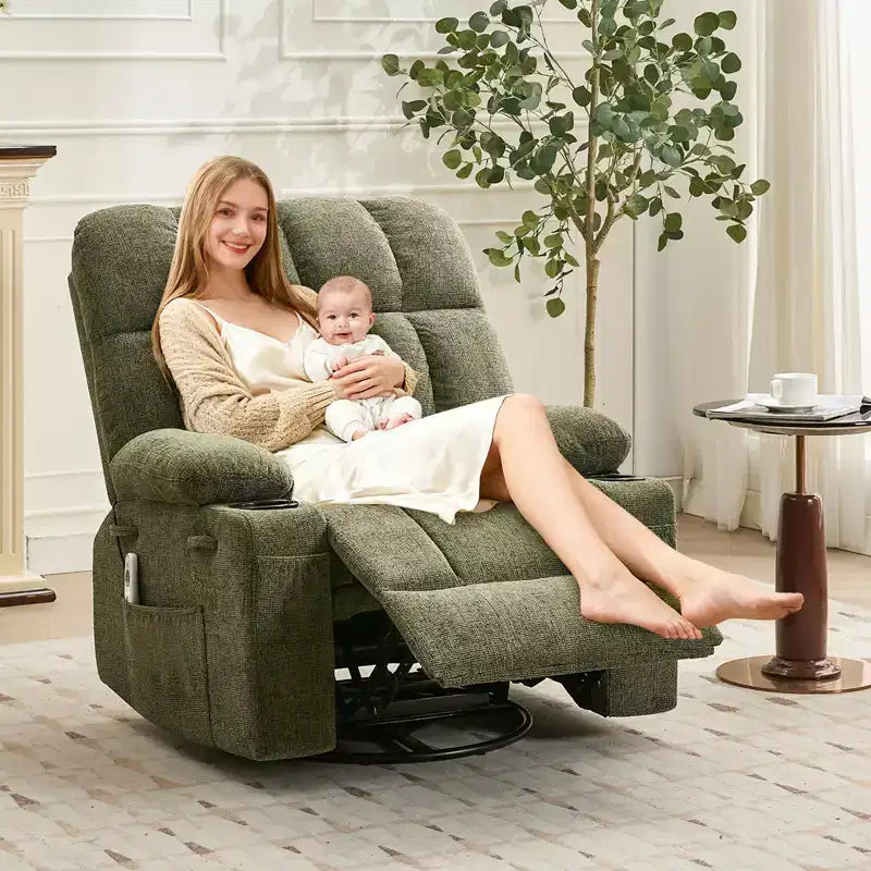 Fauteuil inclinable à bascule avec chauffage, fauteuil inclinable à bascule pivotant avec massage, poches latérales et porte-gobelets, canapé inclinable pour salon, chambre à coucher