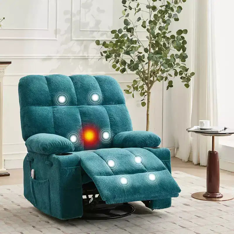 Fauteuil inclinable à bascule avec chauffage, fauteuil inclinable à bascule pivotant avec massage, poches latérales et porte-gobelets, canapé inclinable pour salon, chambre à coucher