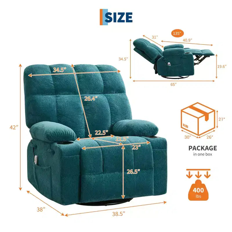 Fauteuil inclinable à bascule avec chauffage, fauteuil inclinable à bascule pivotant avec massage, poches latérales et porte-gobelets, canapé inclinable pour salon, chambre à coucher