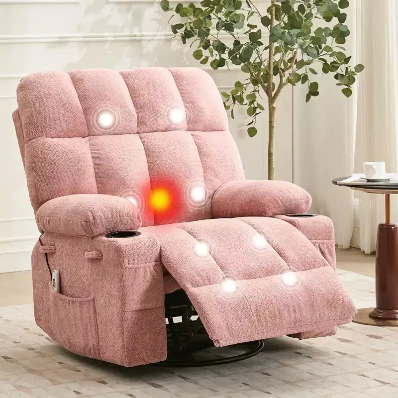 Fauteuil inclinable à bascule avec chauffage, fauteuil inclinable à bascule pivotant avec massage, poches latérales et porte-gobelets, canapé inclinable pour salon, chambre à coucher