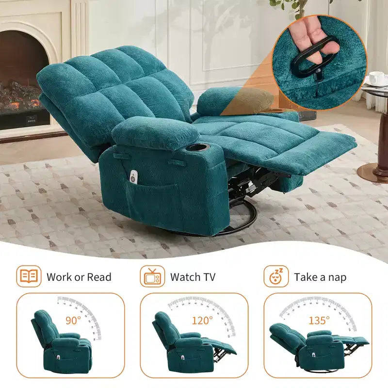 Fauteuil inclinable à bascule avec chauffage, fauteuil inclinable à bascule pivotant avec massage, poches latérales et porte-gobelets, canapé inclinable pour salon, chambre à coucher