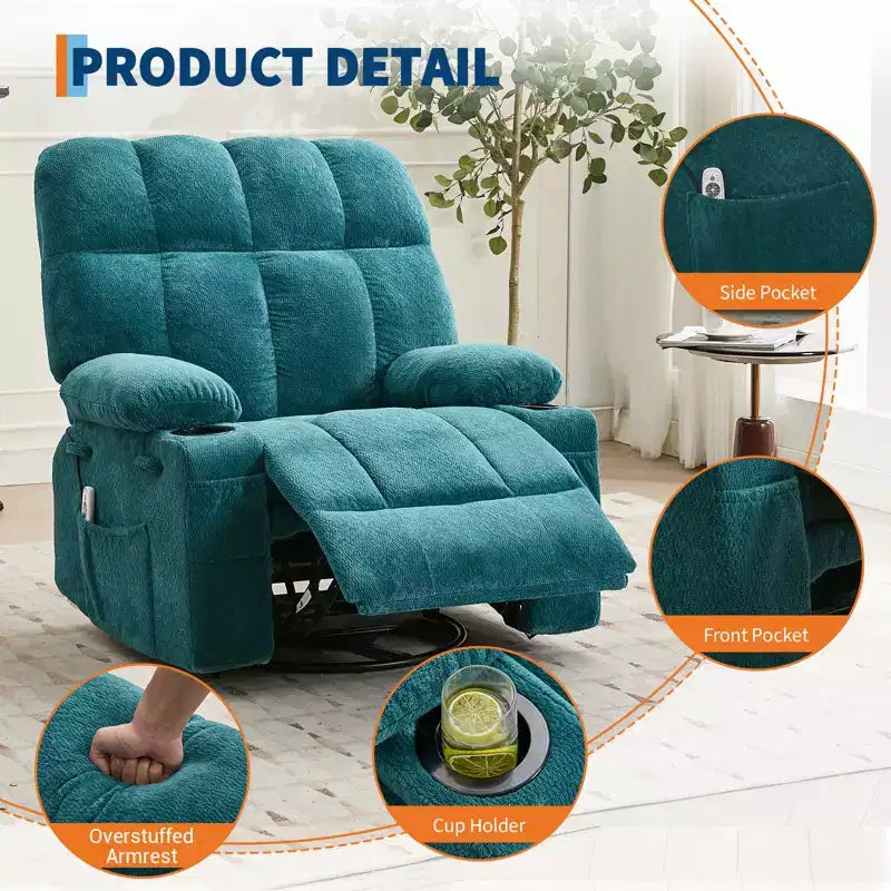 Fauteuil inclinable à bascule avec chauffage, fauteuil inclinable à bascule pivotant avec massage, poches latérales et porte-gobelets, canapé inclinable pour salon, chambre à coucher