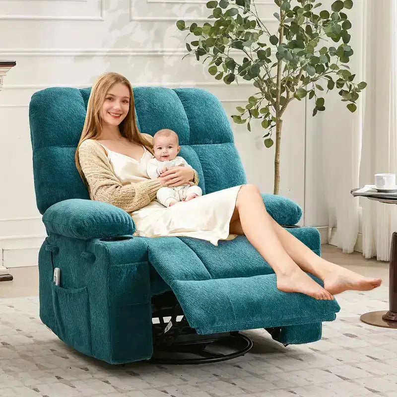 Fauteuil inclinable à bascule avec chauffage, fauteuil inclinable à bascule pivotant avec massage, poches latérales et porte-gobelets, canapé inclinable pour salon, chambre à coucher