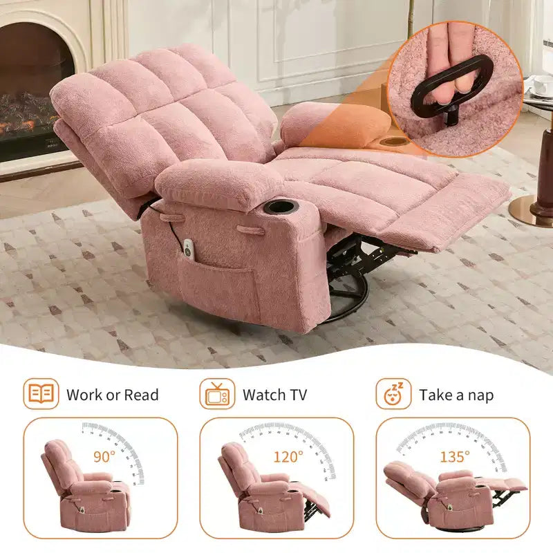 Fauteuil inclinable à bascule avec chauffage, fauteuil inclinable à bascule pivotant avec massage, poches latérales et porte-gobelets, canapé inclinable pour salon, chambre à coucher