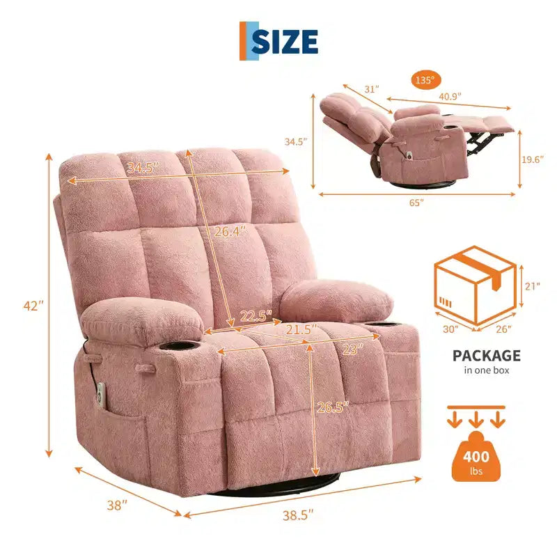 Fauteuil inclinable à bascule avec chauffage, fauteuil inclinable à bascule pivotant avec massage, poches latérales et porte-gobelets, canapé inclinable pour salon, chambre à coucher