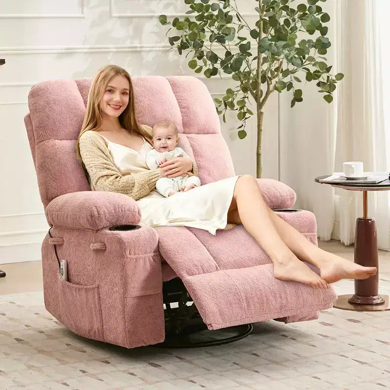 Fauteuil inclinable à bascule avec chauffage, fauteuil inclinable à bascule pivotant avec massage, poches latérales et porte-gobelets, canapé inclinable pour salon, chambre à coucher