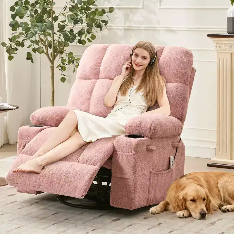 Fauteuil inclinable à bascule avec chauffage, fauteuil inclinable à bascule pivotant avec massage, poches latérales et porte-gobelets, canapé inclinable pour salon, chambre à coucher