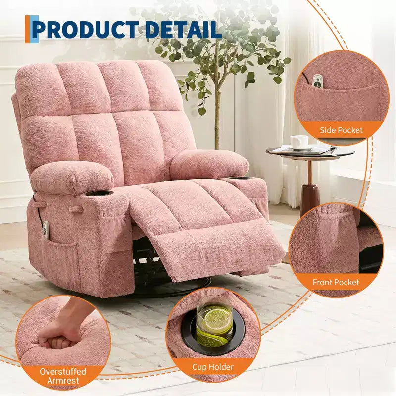Fauteuil inclinable à bascule avec chauffage, fauteuil inclinable à bascule pivotant avec massage, poches latérales et porte-gobelets, canapé inclinable pour salon, chambre à coucher