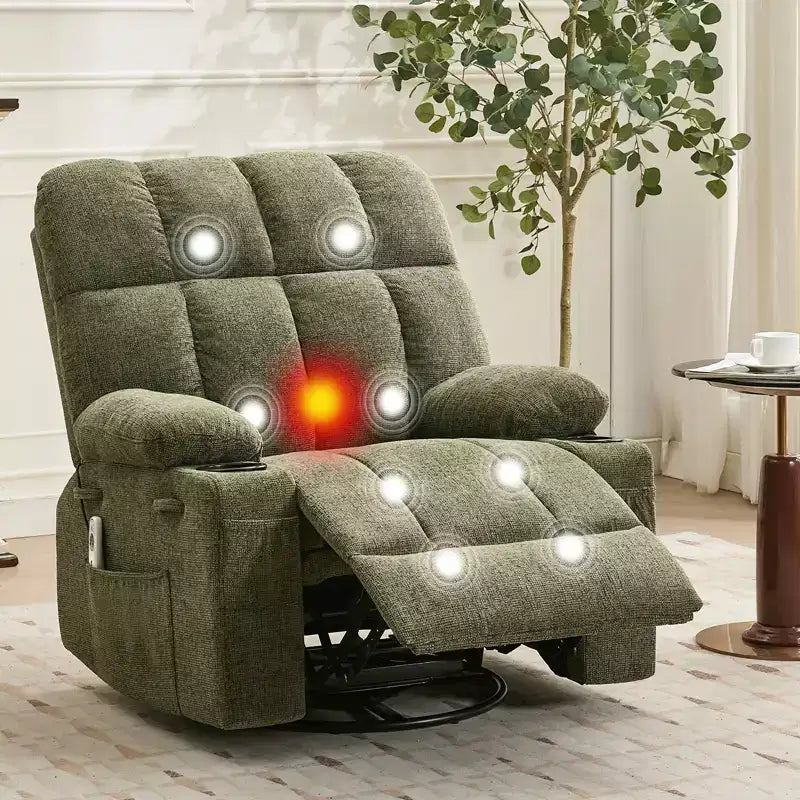Fauteuil inclinable à bascule avec chauffage, fauteuil inclinable à bascule pivotant avec massage, poches latérales et porte-gobelets, canapé inclinable pour salon, chambre à coucher