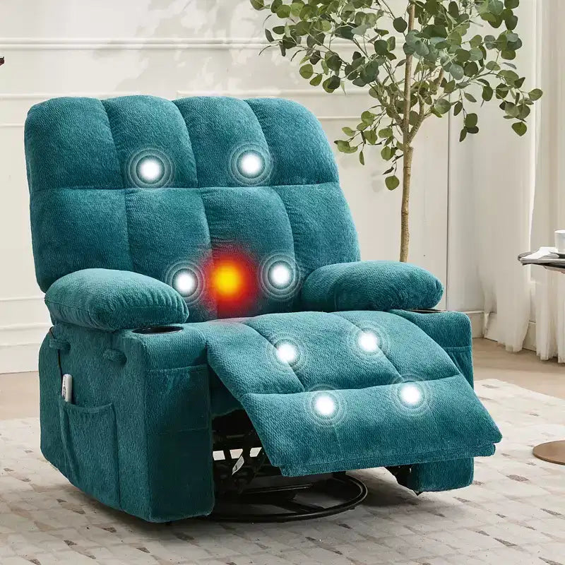 Fauteuil inclinable à bascule avec chauffage, fauteuil inclinable à bascule pivotant avec massage, poches latérales et porte-gobelets, canapé inclinable pour salon, chambre à coucher