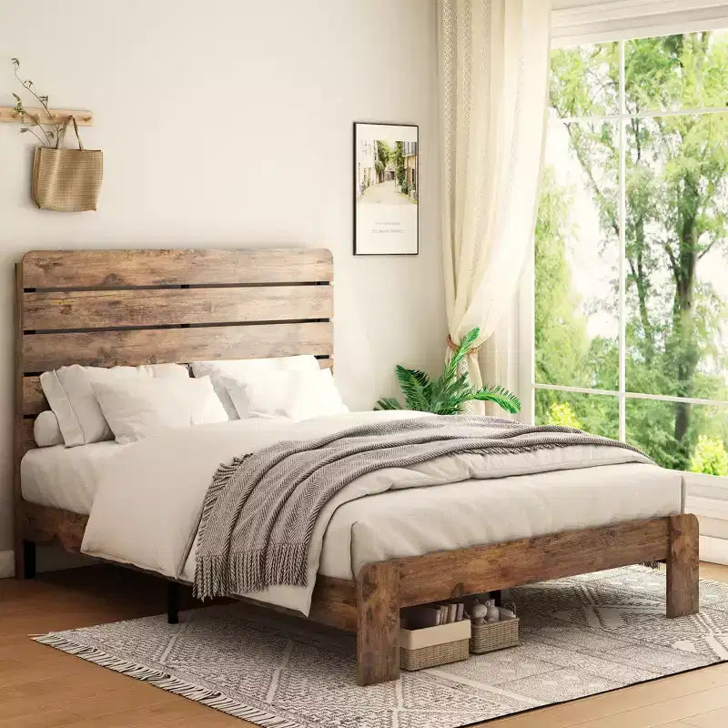 Full/Queen/King Size Platform Bed with Headboard, Wood Platform Bed Frame with Large Under Bed Storage, Dark Brown