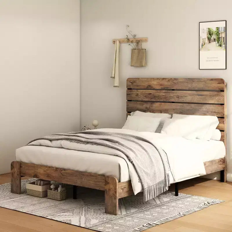 Lit plateforme pleine grandeur/grand lit/très grand lit avec tête de lit, cadre de lit plateforme en bois avec grand rangement sous le lit, brun foncé