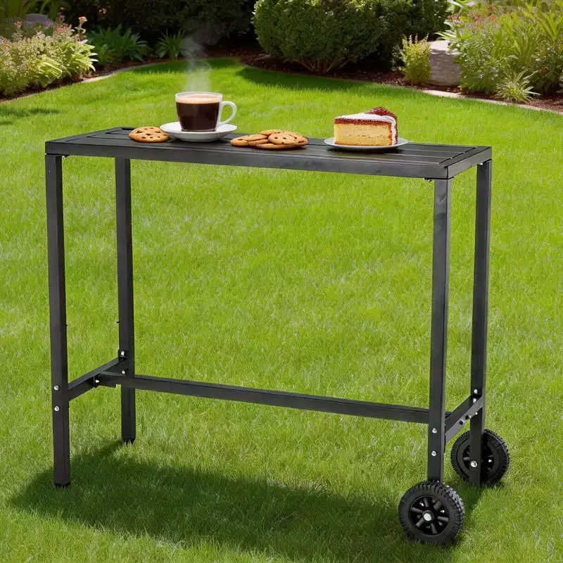 Table de bar mobile d'extérieur avec roues, plateau en métal étanche, pieds réglables, hauteur de comptoir robuste pour patio, jardin, bord de piscine, Noir, 39 pouces