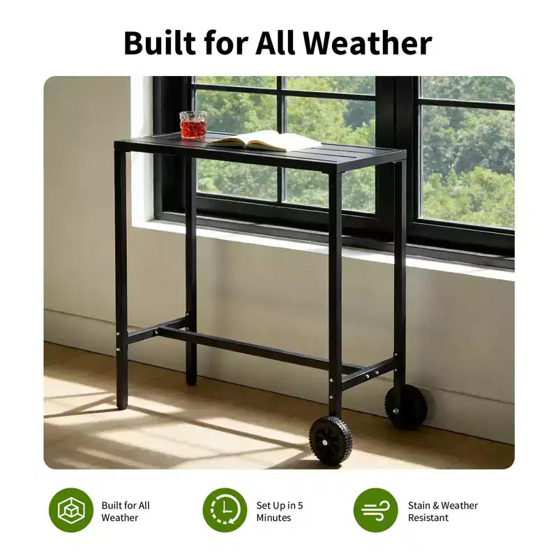 Table de bar mobile d'extérieur avec roues, plateau en métal étanche, pieds réglables, hauteur de comptoir robuste pour patio, jardin, bord de piscine, Noir, 39 pouces