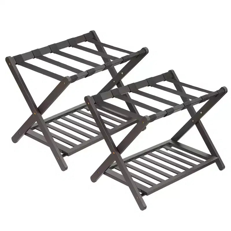 2-Pack Folding Bamboo Luggage Rack with 2-Tier Shelf  Heavy-Duty Suitcase Stand for Guest Rooms & Hotels