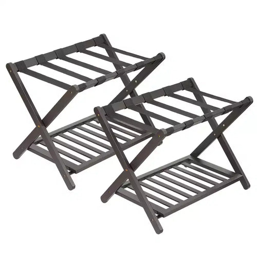 2-Pack Folding Bamboo Luggage Rack with 2-Tier Shelf  Heavy-Duty Suitcase Stand for Guest Rooms & Hotels