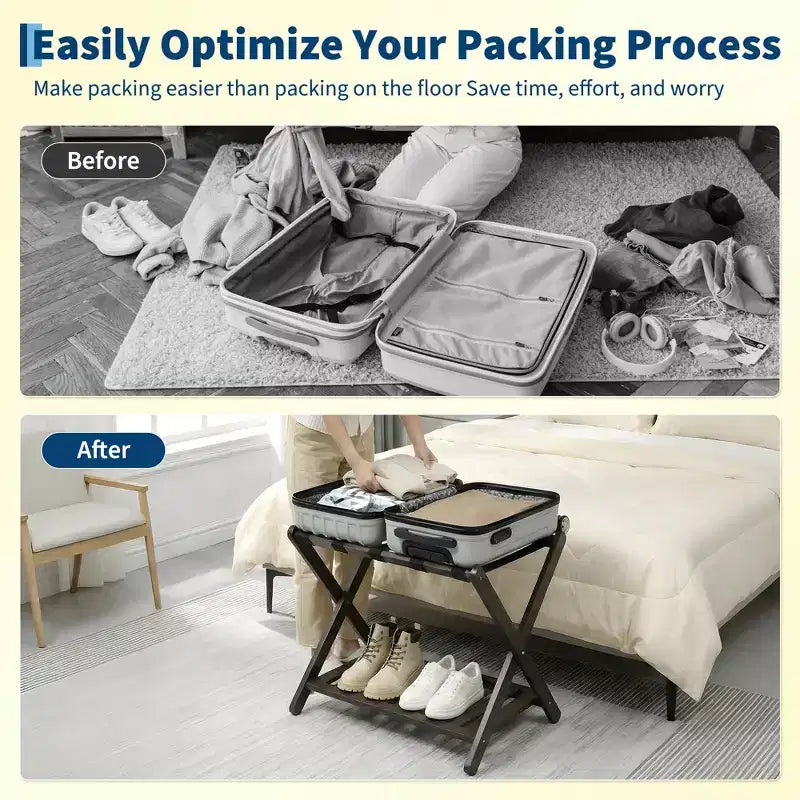 Support à bagages pliable en bambou (lot de 2) avec étagère à 2 niveaux – Support de valise robuste pour chambres d'hôtes et hôtels