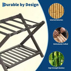 Support à bagages pliable en bambou (lot de 2) avec étagère à 2 niveaux – Support de valise robuste pour chambres d'hôtes et hôtels