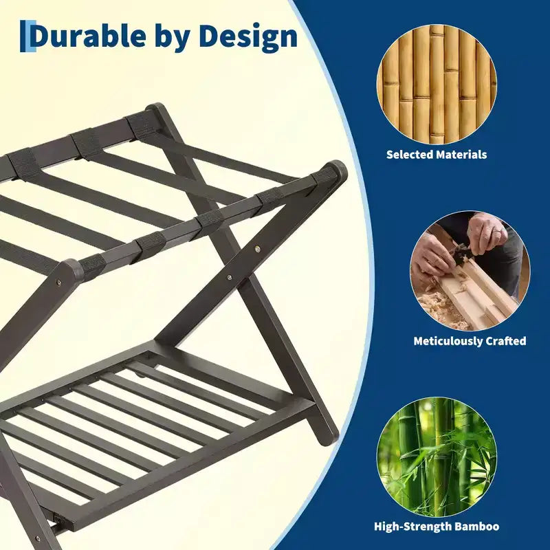 Support à bagages pliable en bambou (lot de 2) avec étagère à 2 niveaux – Support de valise robuste pour chambres d'hôtes et hôtels