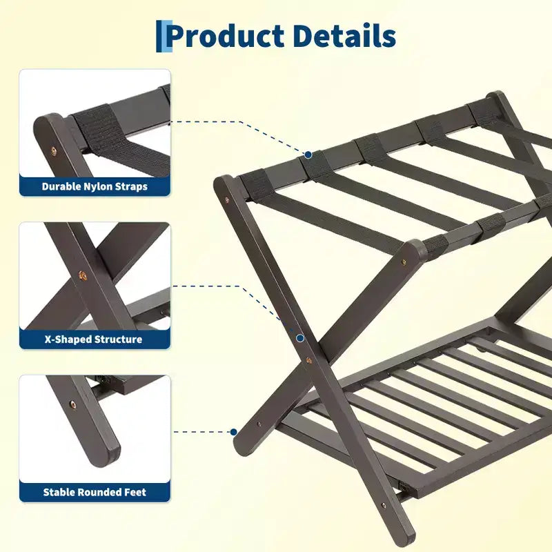Support à bagages pliable en bambou (lot de 2) avec étagère à 2 niveaux – Support de valise robuste pour chambres d'hôtes et hôtels