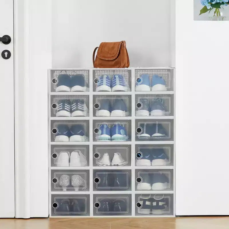 Lot de 18 grandes boîtes à chaussures pliables, conteneurs de rangement empilables en plastique transparent, organisateur de sneakers pour placard, rangement de placard peu encombrant