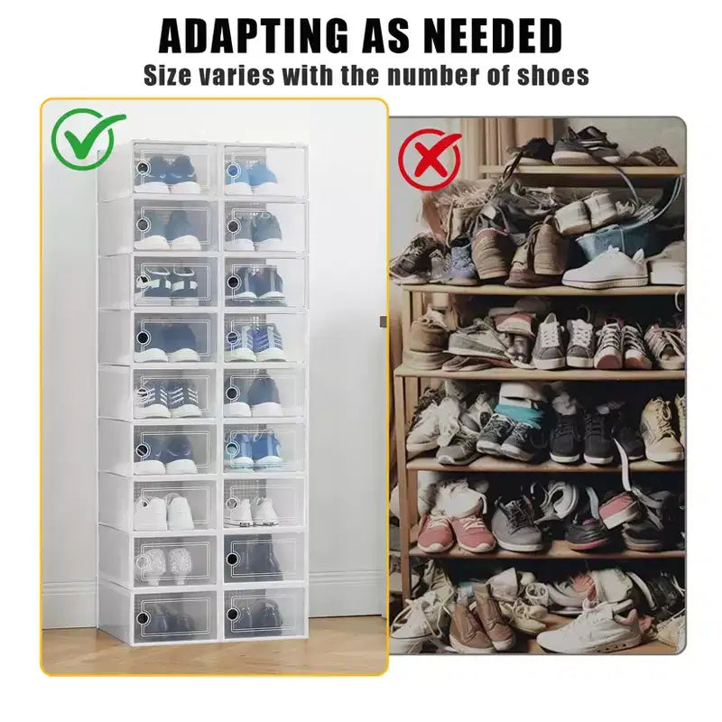 Lot de 18 grandes boîtes à chaussures pliables, conteneurs de rangement empilables en plastique transparent, organisateur de sneakers pour placard, rangement de placard peu encombrant