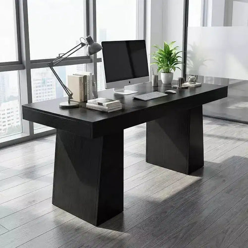 55 Mid-Century Modern Executive Desk, Wood with Double Trapezoid Base, Home Office Workstation, Business Furniture, Black