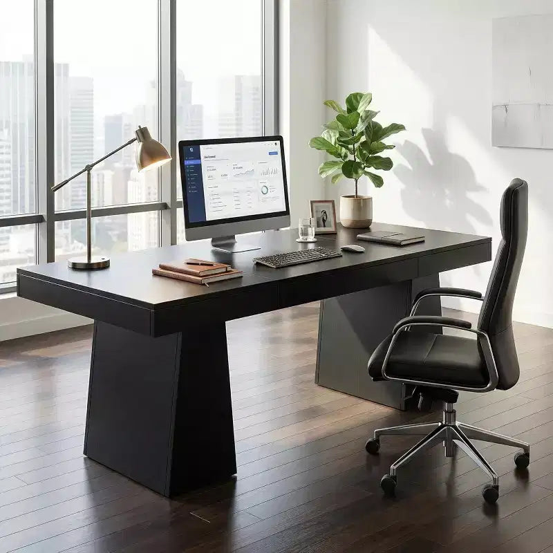 Bureau de direction moderne du milieu du siècle, 55 po, en bois avec double base trapézoïdale, poste de travail de bureau à domicile, mobilier professionnel, noir