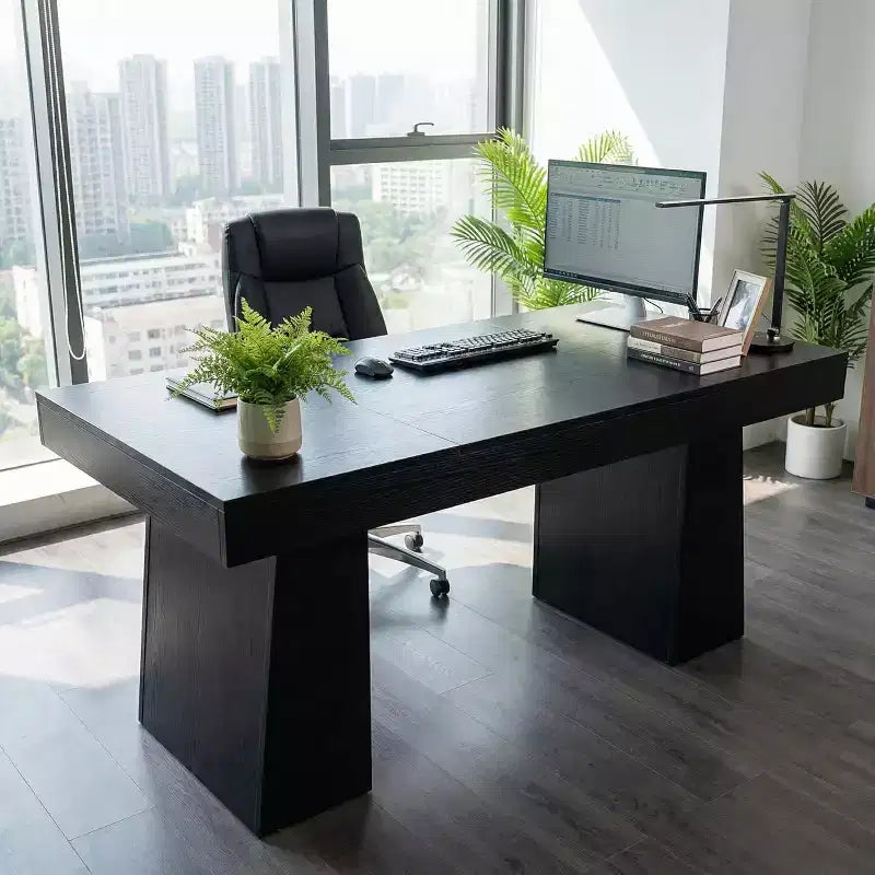 Bureau de direction moderne du milieu du siècle, 55 po, en bois avec double base trapézoïdale, poste de travail de bureau à domicile, mobilier professionnel, noir