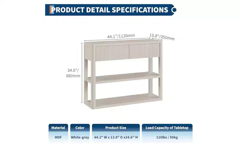 GustoWave Console étroite de 87,9 cm avec 3 étagères et 2 tiroirs, Table d'entrée cannelée, Table de canapé étroite en bois pour couloir, hall d'entrée, Gris blanc