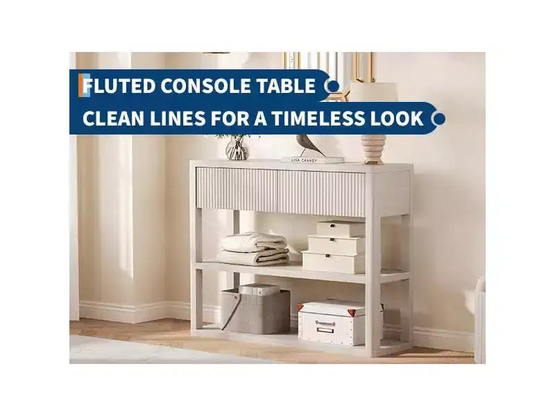 GustoWave Console étroite de 87,9 cm avec 3 étagères et 2 tiroirs, Table d'entrée cannelée, Table de canapé étroite en bois pour couloir, hall d'entrée, Gris blanc