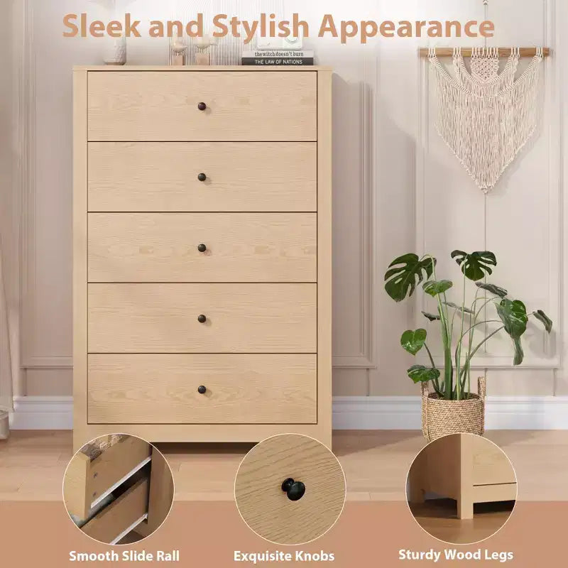 Commode à 5 tiroirs COZONY pour chambre à coucher, commode moderne en bois avec rangement profond pour salon, couloir, entrée
