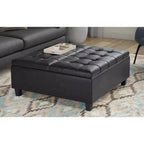 Pouf de rangement carré Harrison en bois massif rembourré de 36 pouces de large, graphite noir vieilli