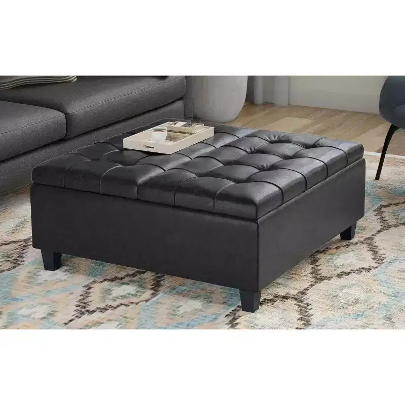 Pouf de rangement carré Harrison en bois massif rembourré de 36 pouces de large, graphite noir vieilli