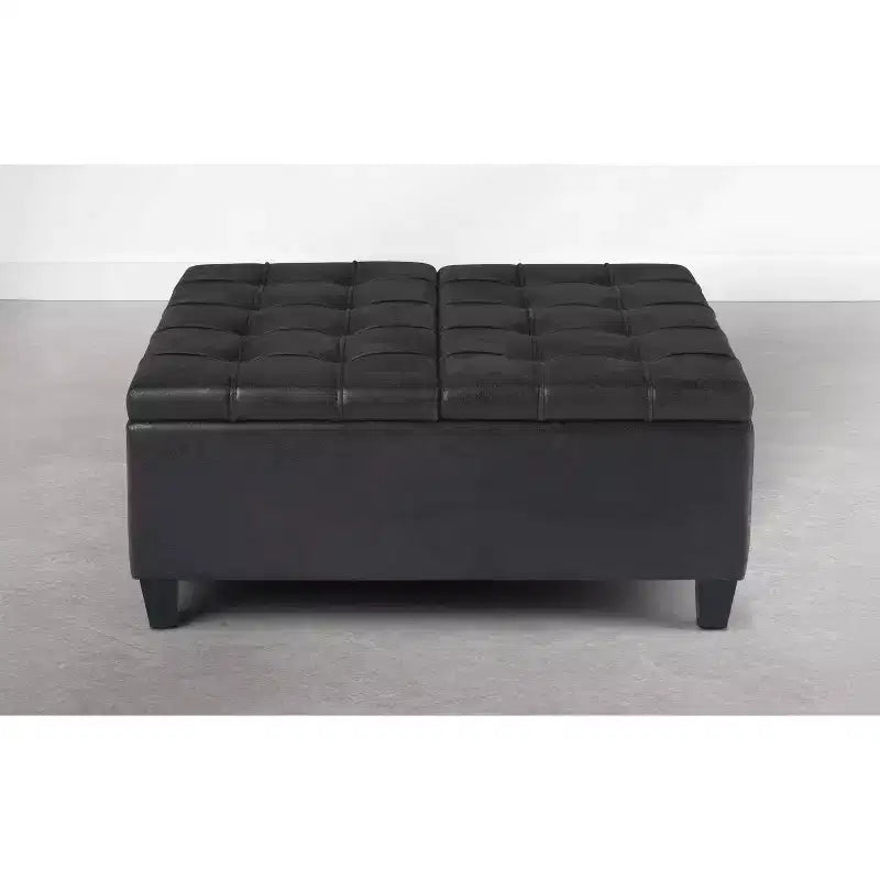 Pouf de rangement carré Harrison en bois massif rembourré de 36 pouces de large, graphite noir vieilli