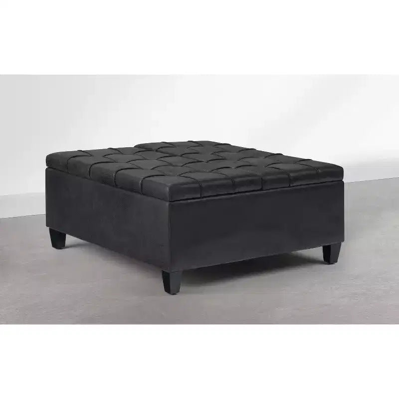 Pouf de rangement carré Harrison en bois massif rembourré de 36 pouces de large, graphite noir vieilli