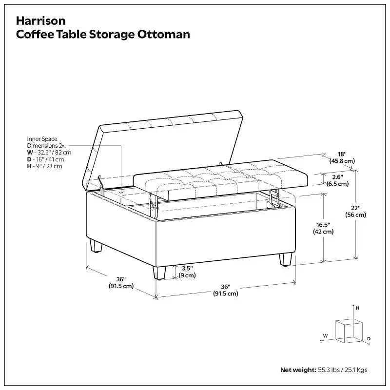 Pouf de rangement carré Harrison en bois massif rembourré de 36 pouces de large, graphite noir vieilli