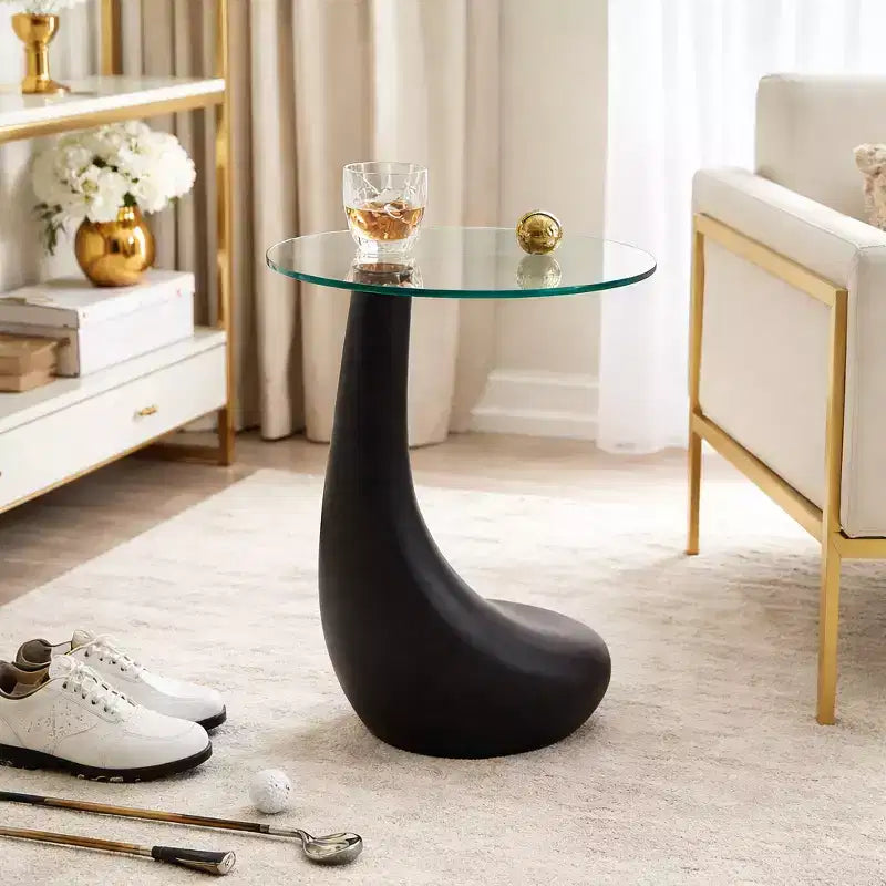 Table d'appoint ou table de chevet artistique pour la décoration intérieure - Table unique avec base en clubs de golf et plateau en verre pour bureau, chambre ou salon - 22 Noir