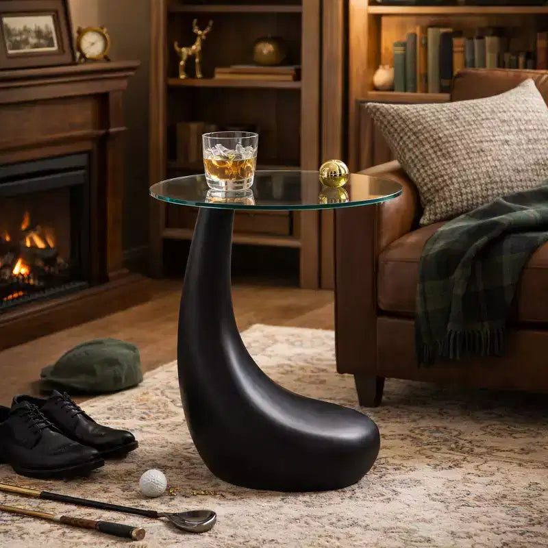 Table d'appoint ou table de chevet artistique pour la décoration intérieure - Table unique avec base en clubs de golf et plateau en verre pour bureau, chambre ou salon - 22 Noir
