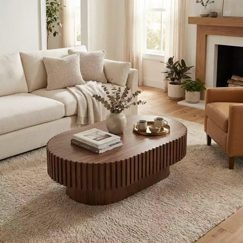 JVNOXK 43.70 Inch Modern Handcraft Drum Coffee Table Oval Coffee Table for Living Room,Small Wooden Coffee Table with Sturdy Pedestal for Office