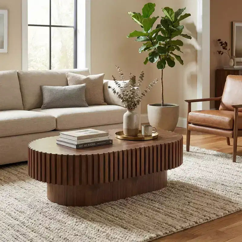 JVNOXK Table basse tambour moderne artisanale de 110,9 cm, table basse ovale pour salon, petite table basse en bois avec piédestal robuste pour bureau