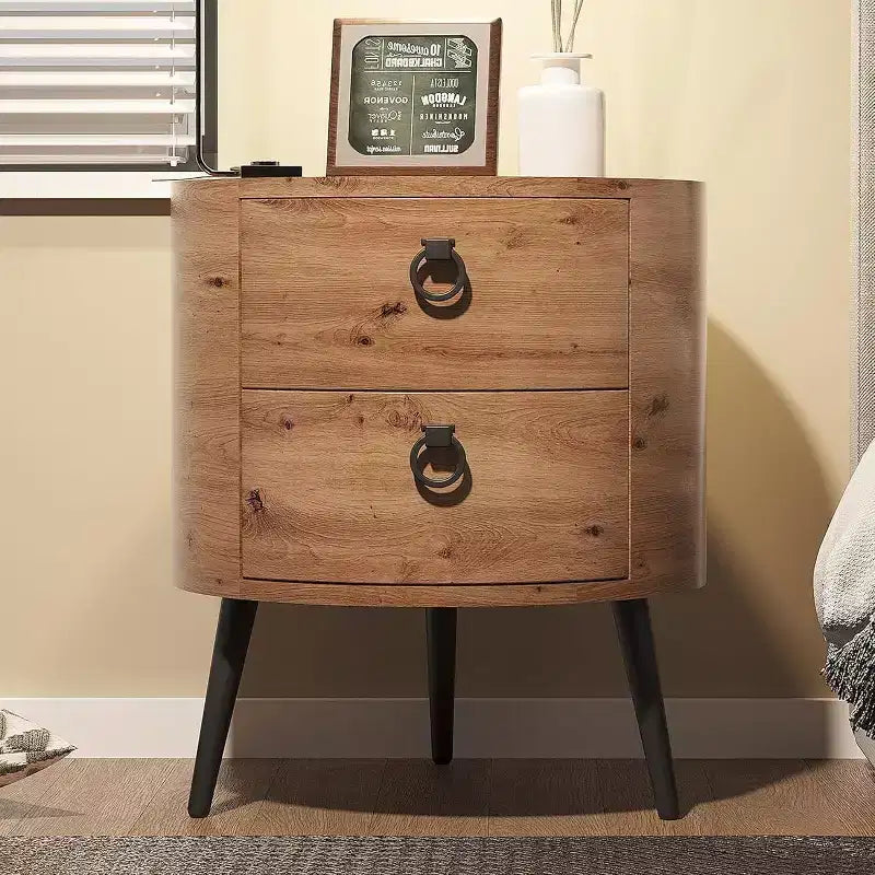 Table d'appoint ronde rustique avec 2 tiroirs, table de bout en bois du milieu du siècle avec pieds en métal pour salon chambre, couleur bois naturel