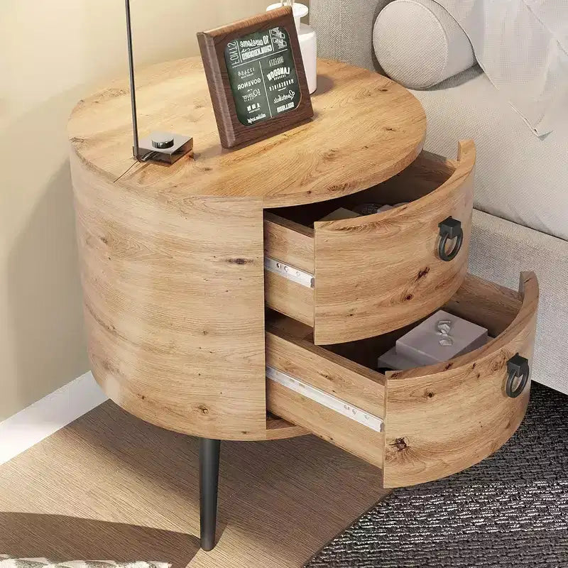 Table d'appoint ronde rustique avec 2 tiroirs, table de bout en bois du milieu du siècle avec pieds en métal pour salon chambre, couleur bois naturel