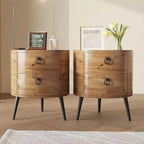Table d'appoint ronde rustique avec 2 tiroirs, table de bout en bois du milieu du siècle avec pieds en métal pour salon chambre, couleur bois naturel