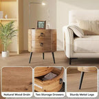 Table d'appoint ronde rustique avec 2 tiroirs, table de bout en bois du milieu du siècle avec pieds en métal pour salon chambre, couleur bois naturel