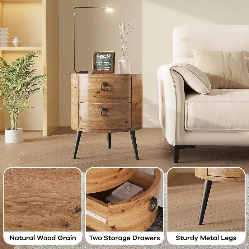 Table d'appoint ronde rustique avec 2 tiroirs, table de bout en bois du milieu du siècle avec pieds en métal pour salon chambre, couleur bois naturel